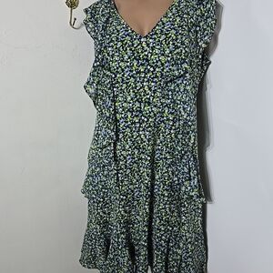 Michael Kors Garden Patch Green Blue Ruffle Floral Knee Length Dress XL